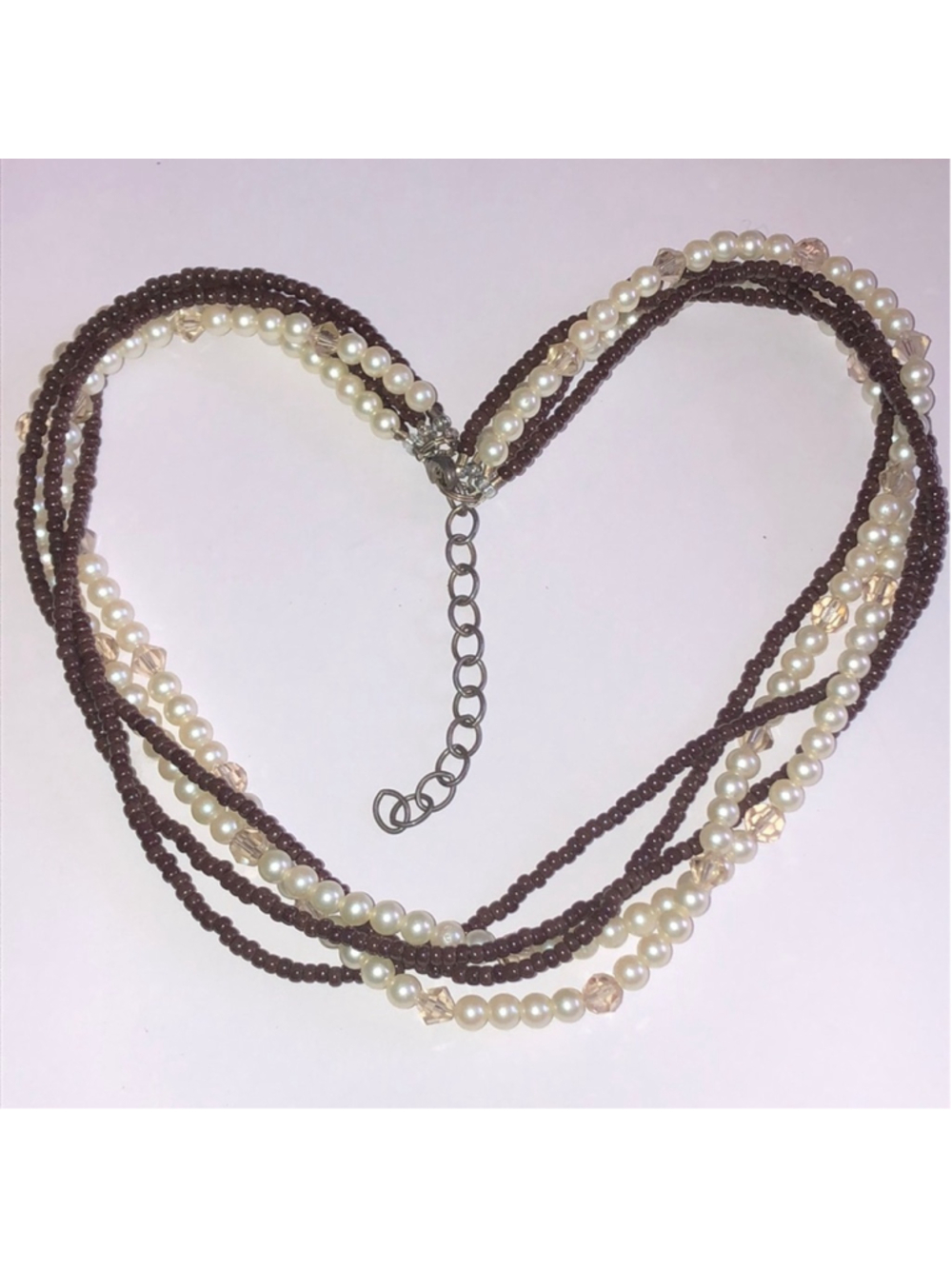 925 Sterling Clasp Faux Pearl Brown Seed Bead Multi Strand Beaded Boho Necklace